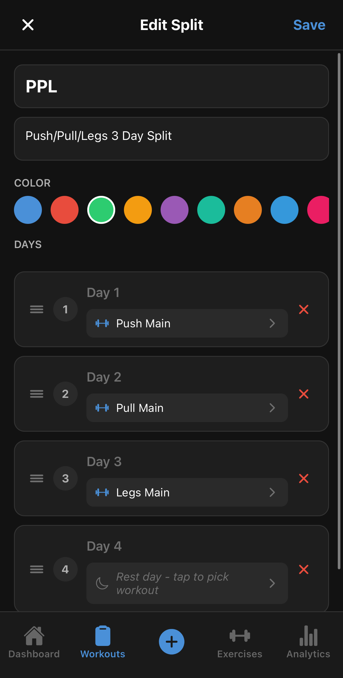 Anneal screenshot: multi-day split editor with day picker and exercise list