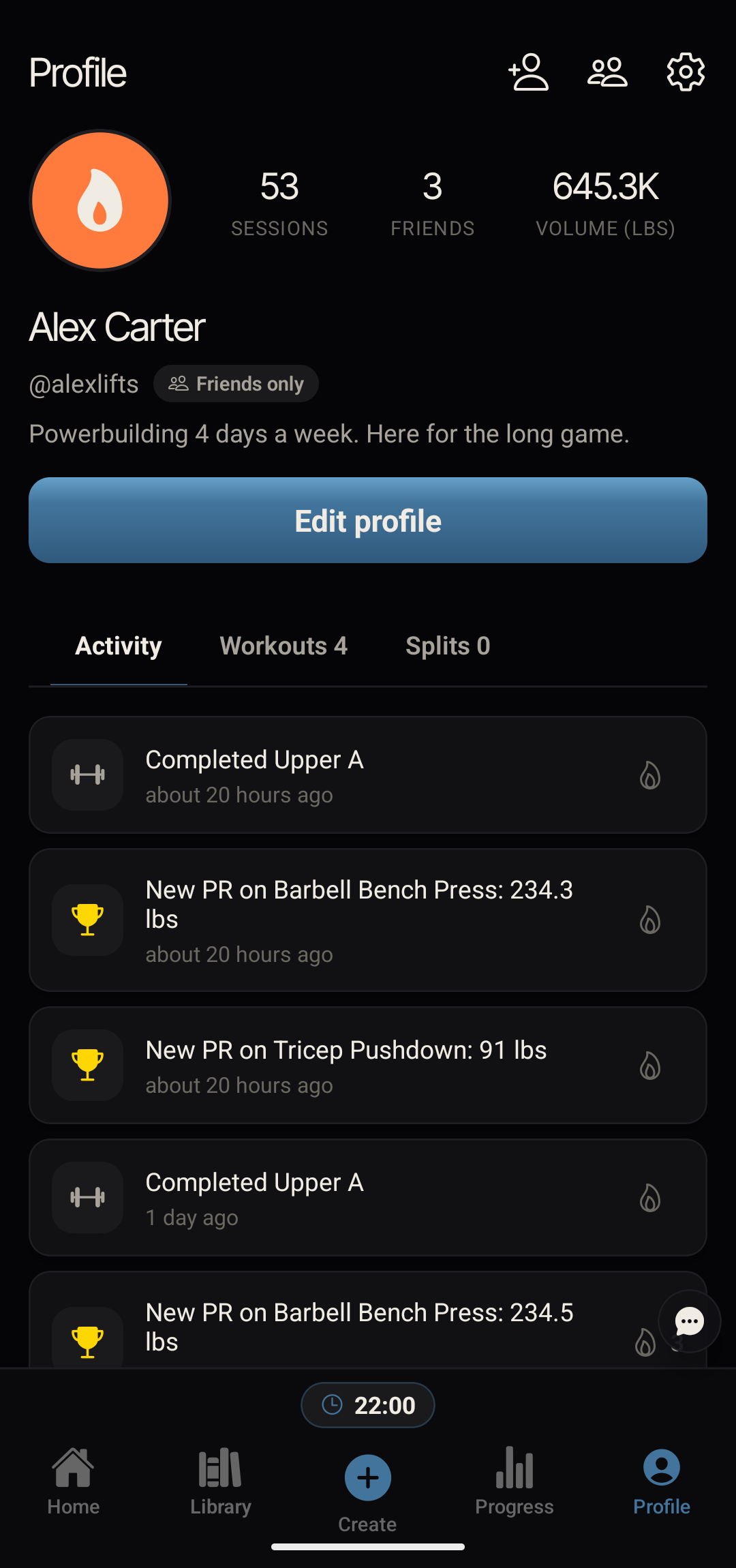 Anneal screenshot: a training profile with a shared activity feed of recent sessions and PRs